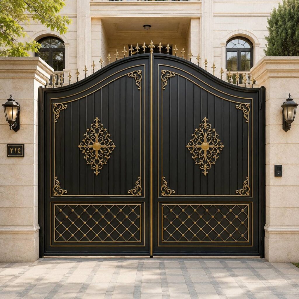 نصب درب حیاط مشکی طلایی در دهانه عریض