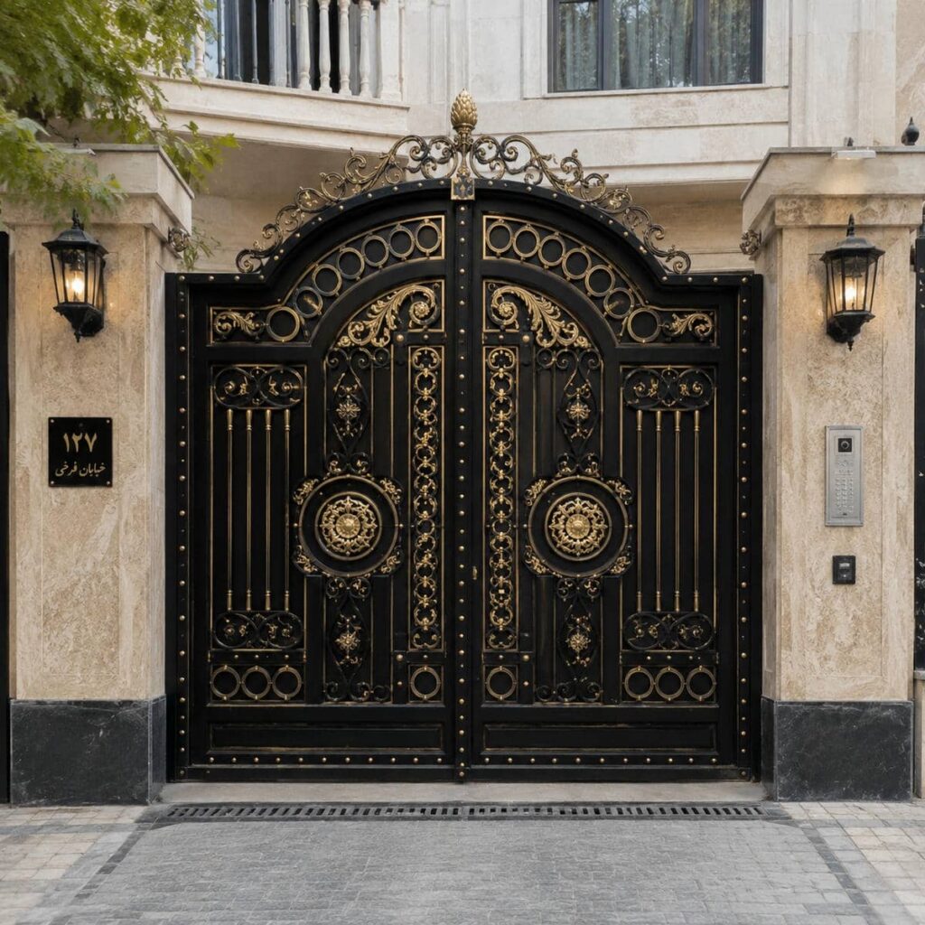 تولید درب پارکینگ مشکی طلایی مدل فرفورژه