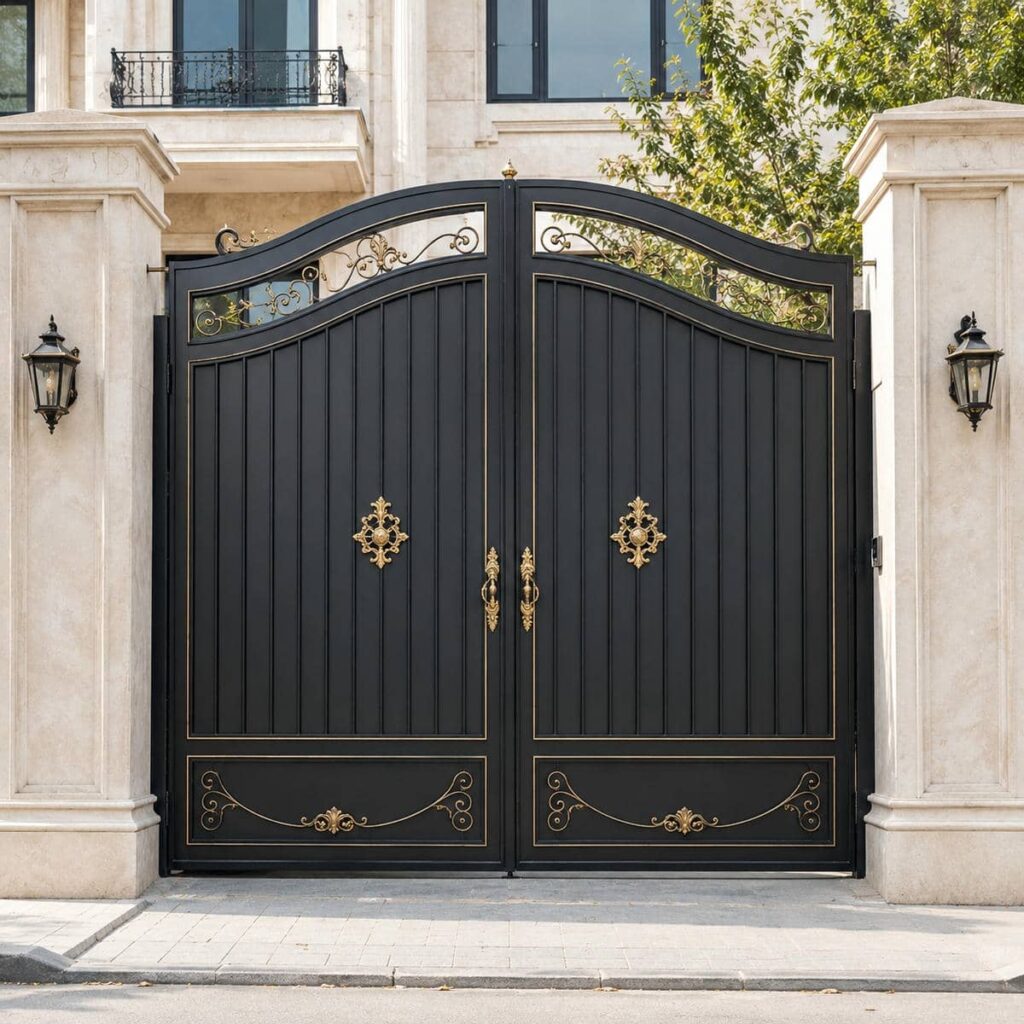نصب درب پارکینگ مشکی طلایی هماهنگ با نمای پروژه