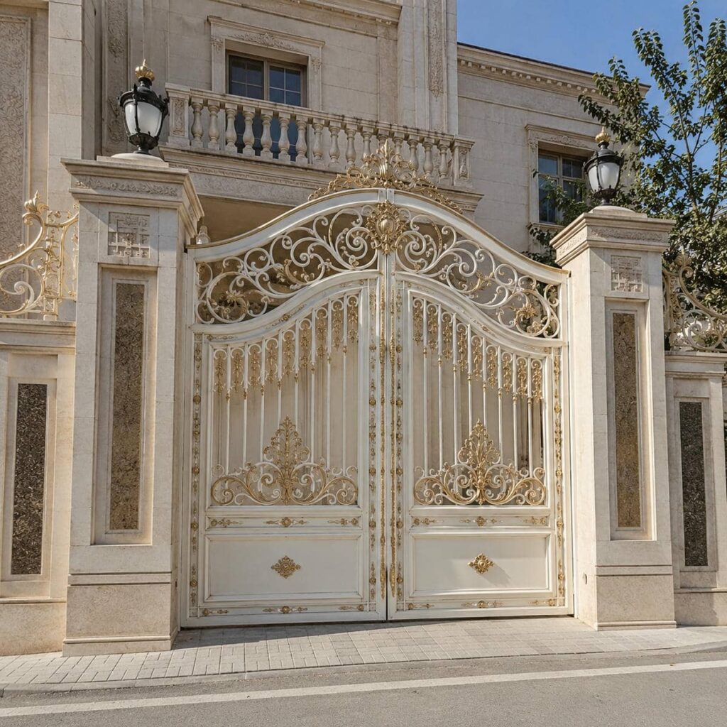 درب سفید طلایی نمای کلاسیک مدل گل‌نرده