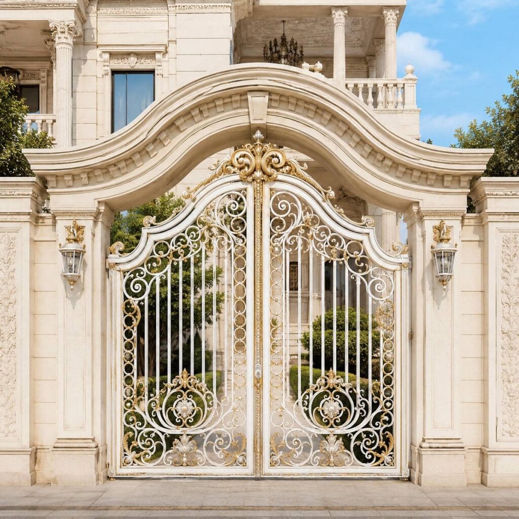 اجرای درب حیاط سفید طلایی هماهنگ با نمای روشن