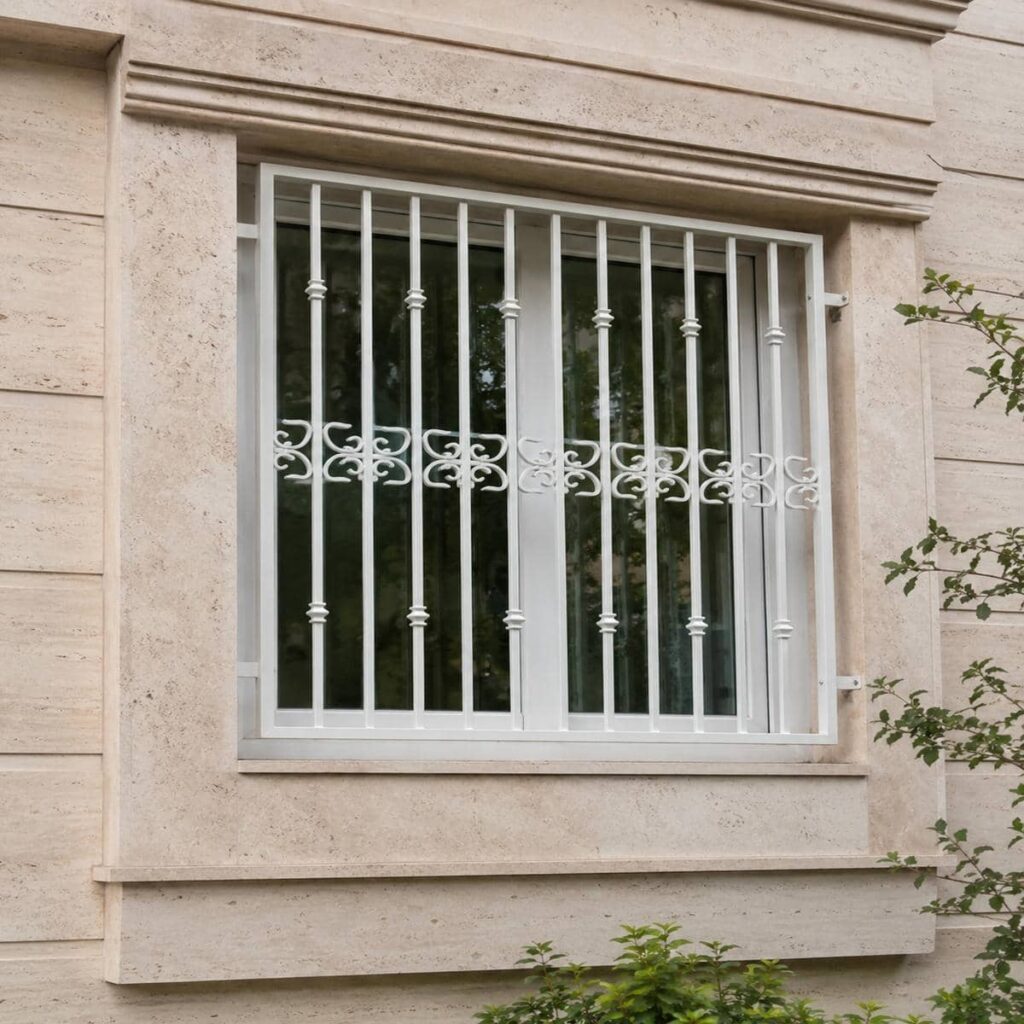 نصب حفاظ پنجره سفید طلایی روی زیرکار سنگی