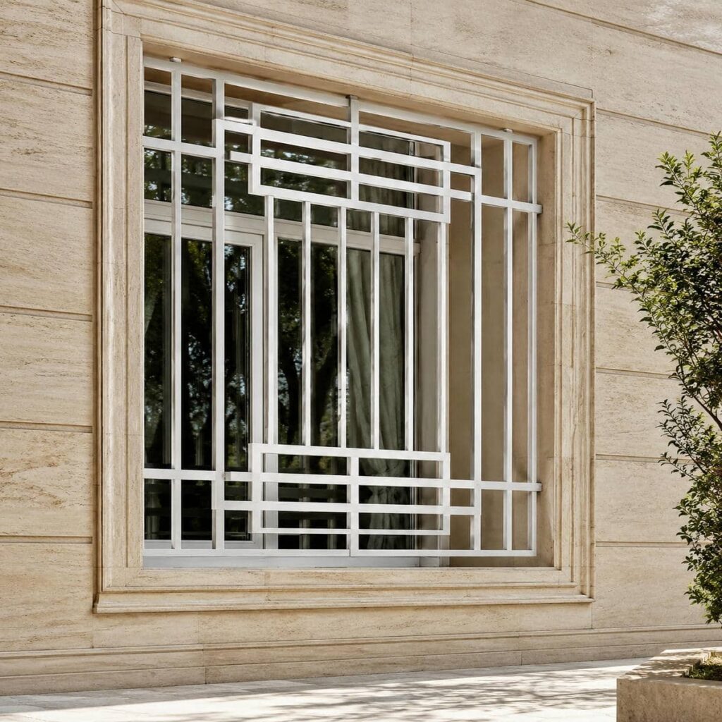 حفاظ پنجره سفید با مدالیون طلایی برای نمای سنگ