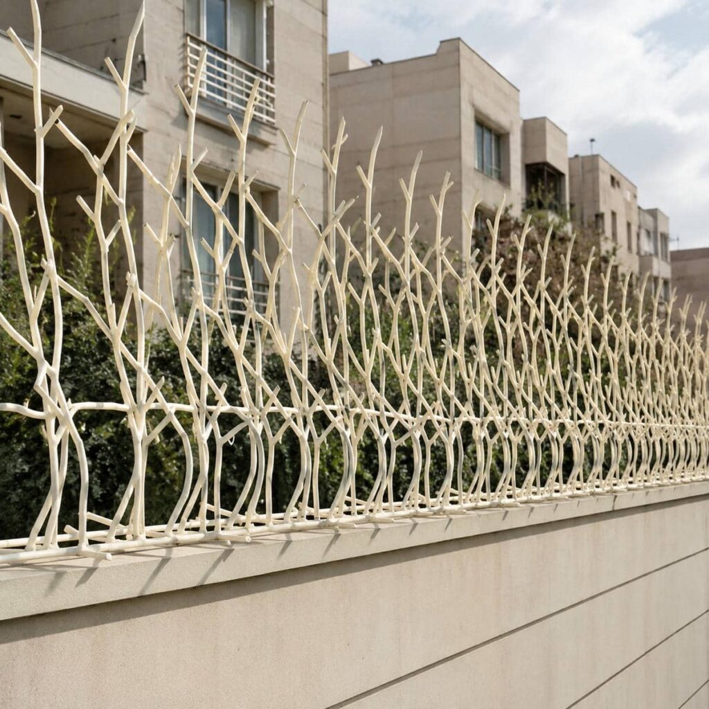 حفاظ دیوار سرنیزه ای مشکی کنار ورودی حیاط حفاظ دیوار سرنیزه ای مشکی کنار ورودی حیاط