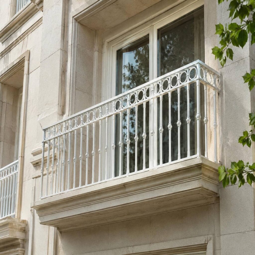 نرده بالکن فلزی مشکی کنار نمای سنگی