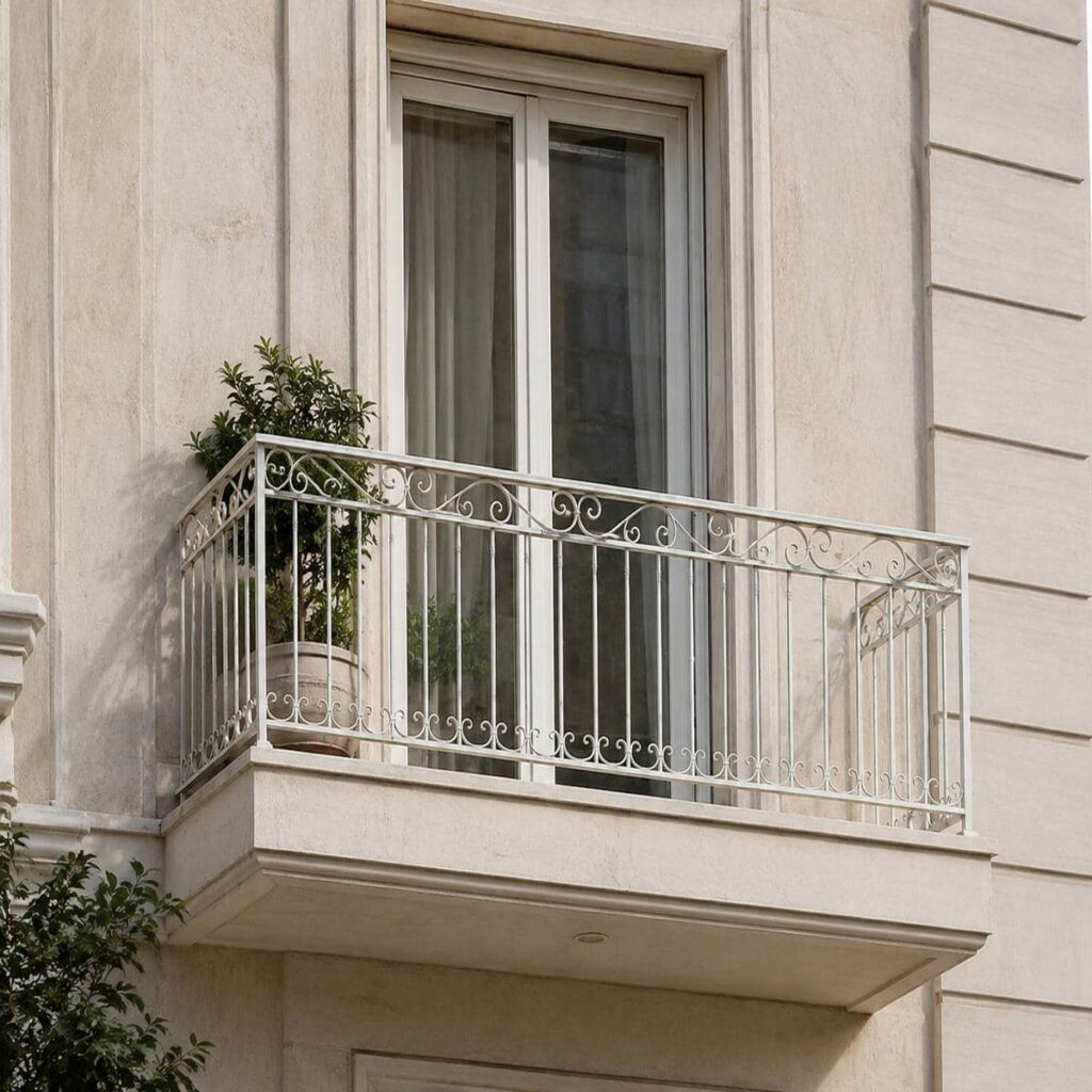 نرده تراس فلزی هماهنگ با نمای سنگی ساختمان