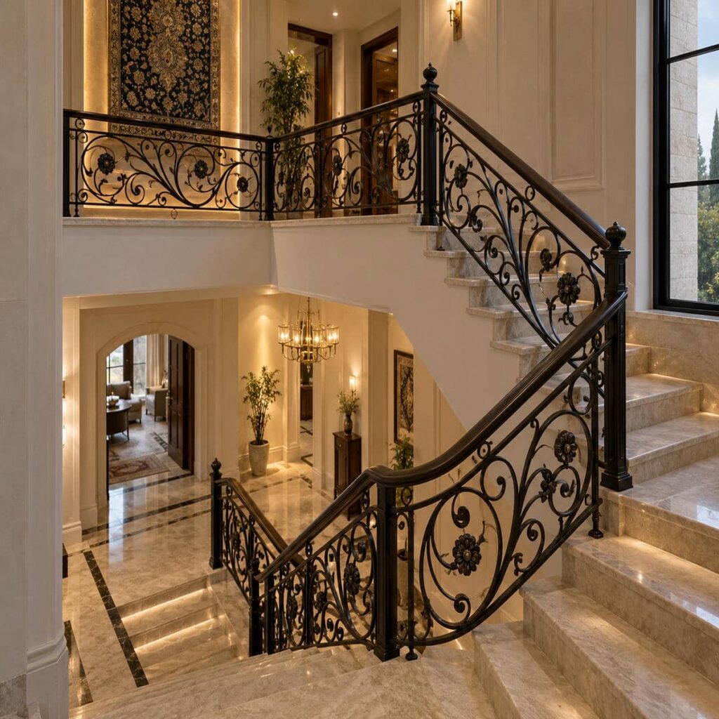 هندریل دیواری ساده روی مسیر پلکان مسکونی هندریل دیواری ساده روی مسیر پلکان مسکونی
